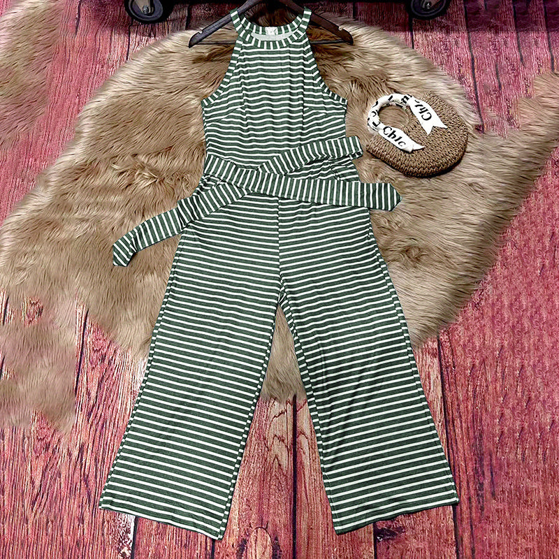 Womens Casual Striped Jumpsuits Summer Cap Sleeve Wide Leg Jumper Romper Button Down Travel Beach Outfits