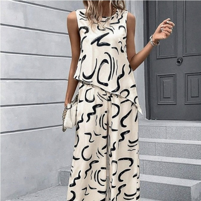 Ladies' Round Neck Irregular Hem Abstract Vest And Loose Wide Leg Pants Set