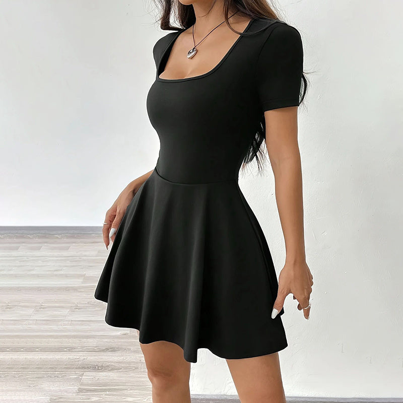 Women's Square Neck Short Sleeve Ruffle Hem A Line Flare Mini Basic Dress