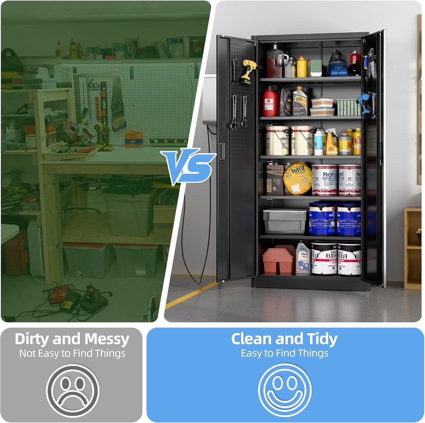 Metal Storage Cabinet With Pegboard ,Lockable Steel Storage Cabinet With 5 Adjustable Shelves And Door For Garage, Office, Kitchen, Assembly Required Black