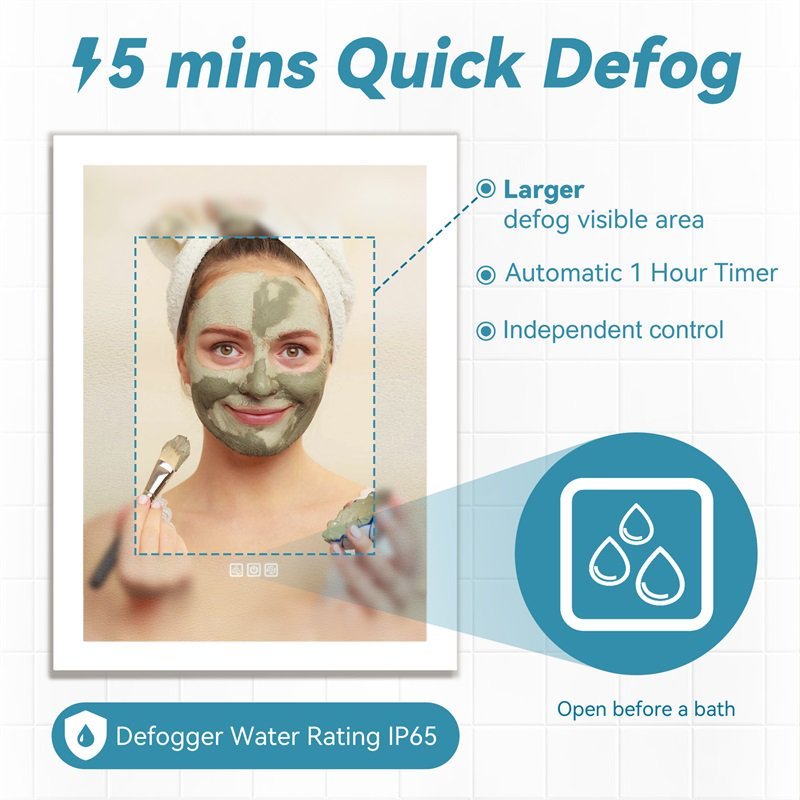 LED Bathroom Mirror Bright Front Side Light, 5 Mins Defog, Full HD Reflected, 3 Colors Dimmable, Wall Mounted