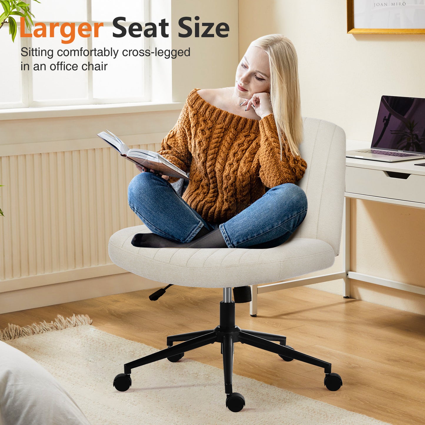 Office Desk Vanity Chair Cross Legged Armless Swivel Fabric Height Adjustable Wide Seat With Replaceable Wheels-Fixed Base, Comfy Task Chair Padded