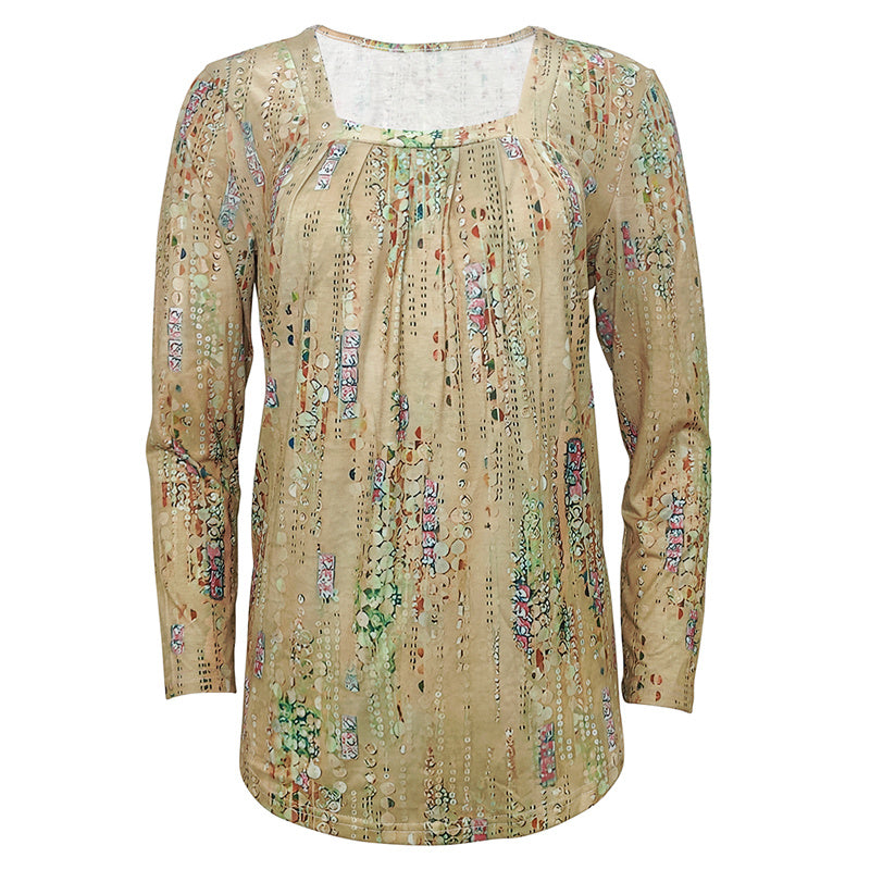 Plus Size Women's Floral Sequin Square Neck Long Sleeve T-Shirt - Printed Casual Spring&Summer Top