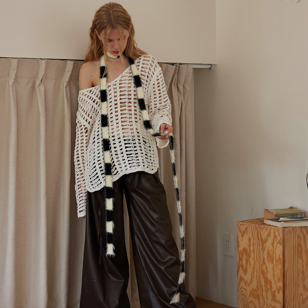 Plush Mink-like Striped Thin And Narrow Decoration Small Scarf Women