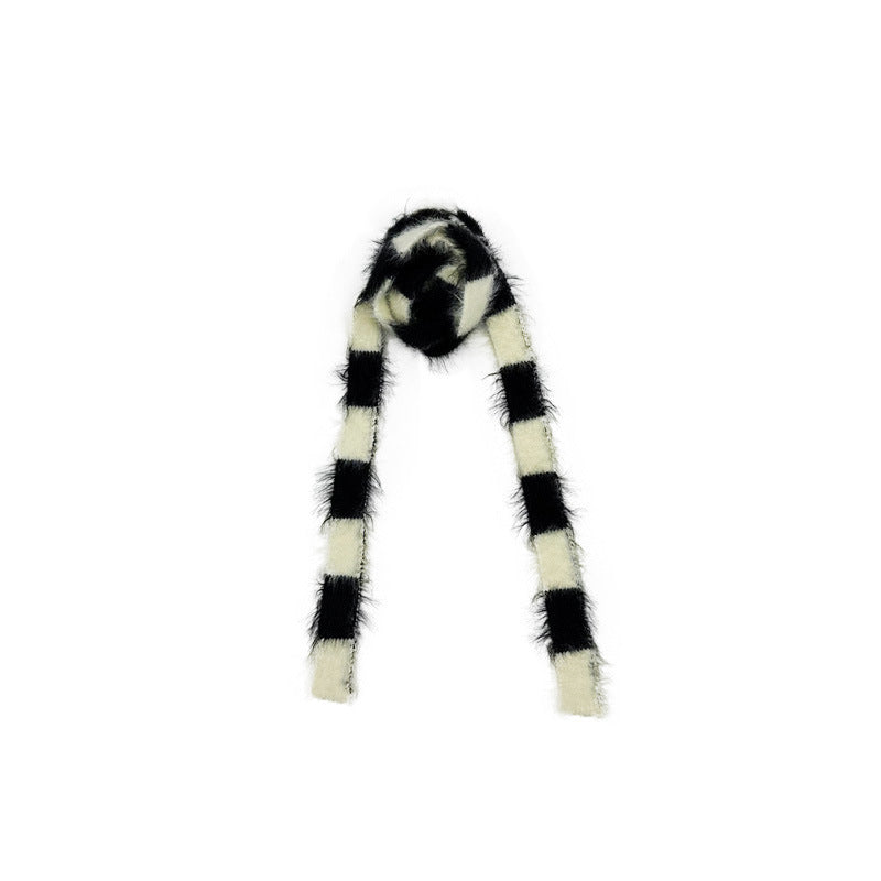 Plush Mink-like Striped Thin And Narrow Decoration Small Scarf Women