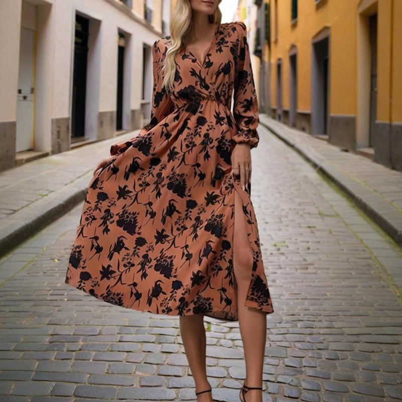 Women's V-Neck Long Sleeve Boho Maxi Dress Floral Print Cuffed Sleeves With Hem Side Slit & Waist A-Line Beach Vacation Dress