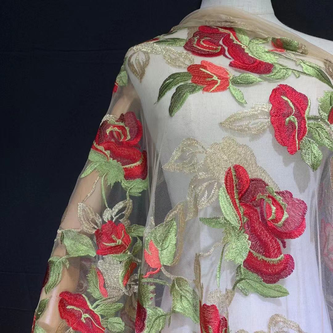 Multicolor Gold Thread Flower Mesh Embroidered Lace Fabric