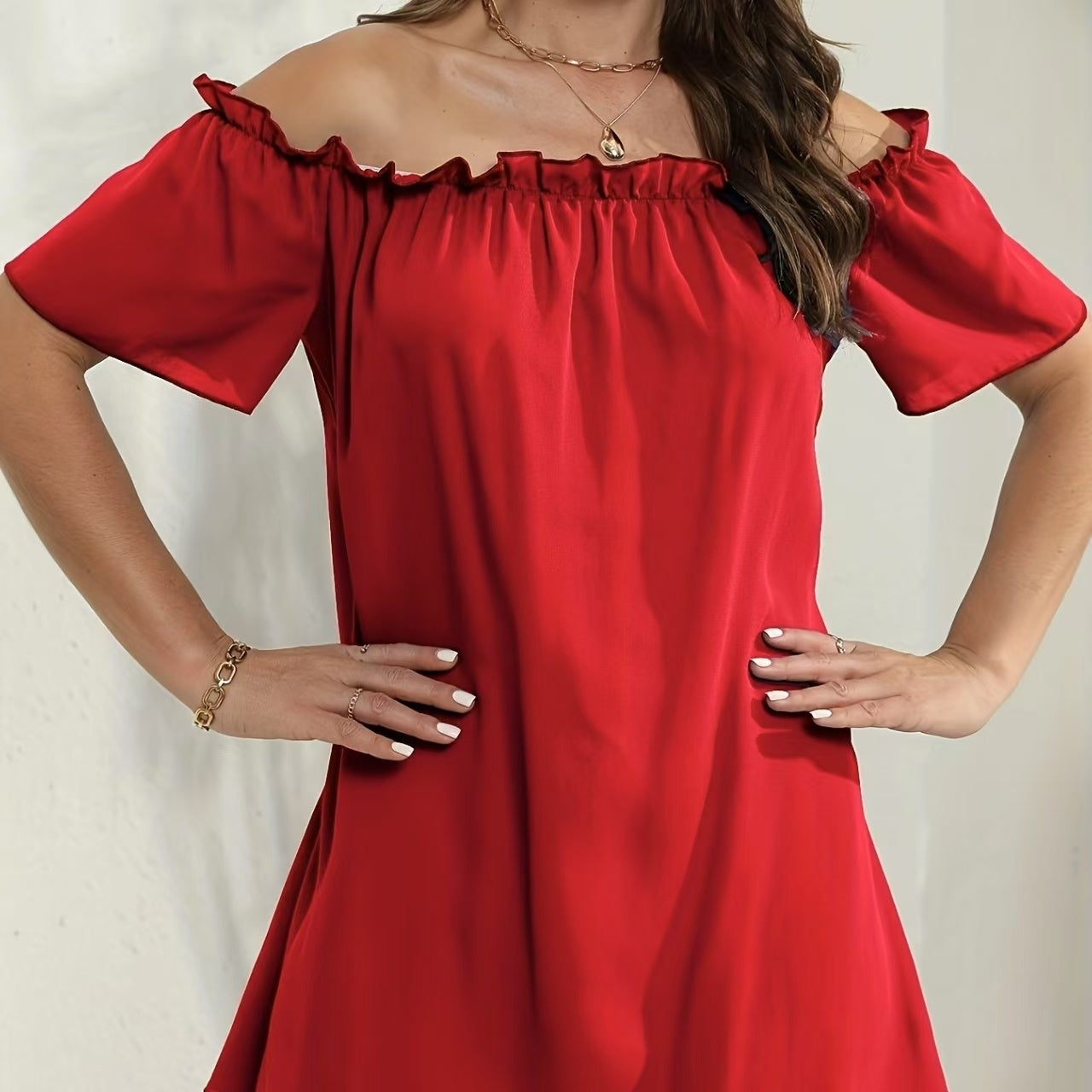 Ladies' Fashion Off Shoulder Ruffle Solid Color Decorative One Shoulder Casual Dress