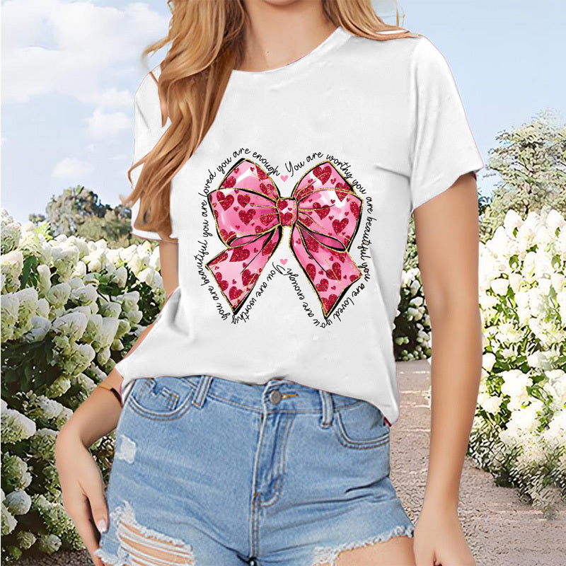 Women's Round Neck Short Sleeve T-Shirt With Oversized Bow Print Casual Summer Top
