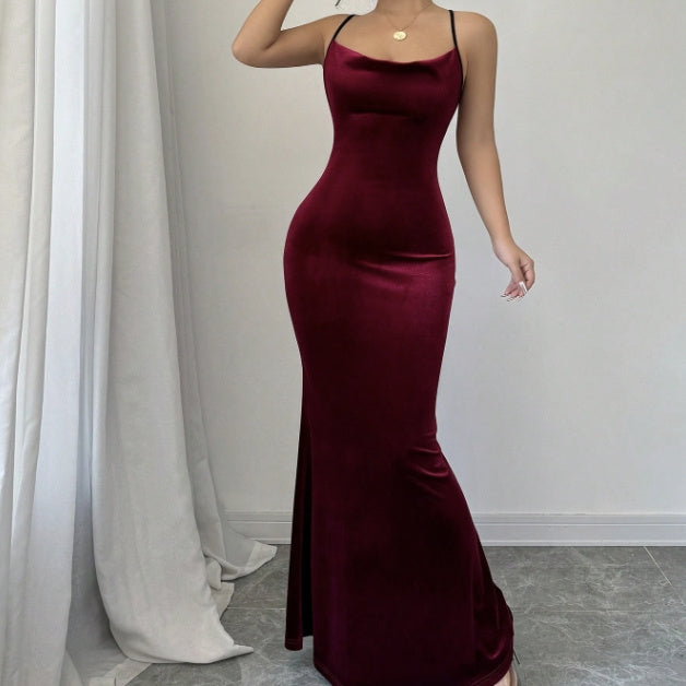 Women's Solid Color Back Cross Exposed Slim Fit Dress