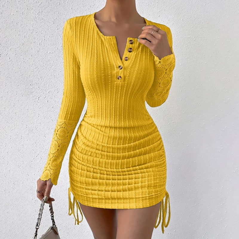 Women's Elegant Bodycon Dress - Round Neck With Button Detail, Solid Color Long Sleeve Lace Cuff & Drawstring Hem Holiday Dress