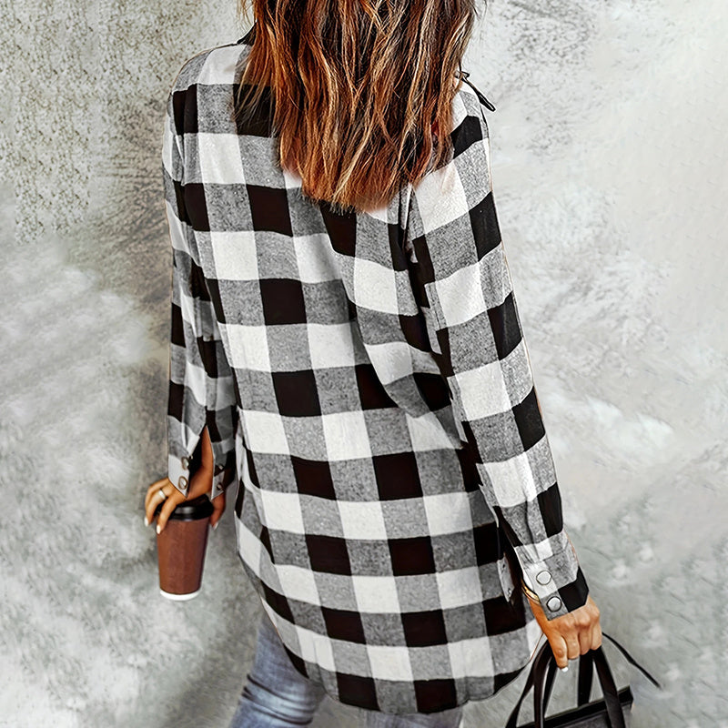 Women's Long Sleeve Plaid Print Button Front Casual Shirt For Spring & Fall