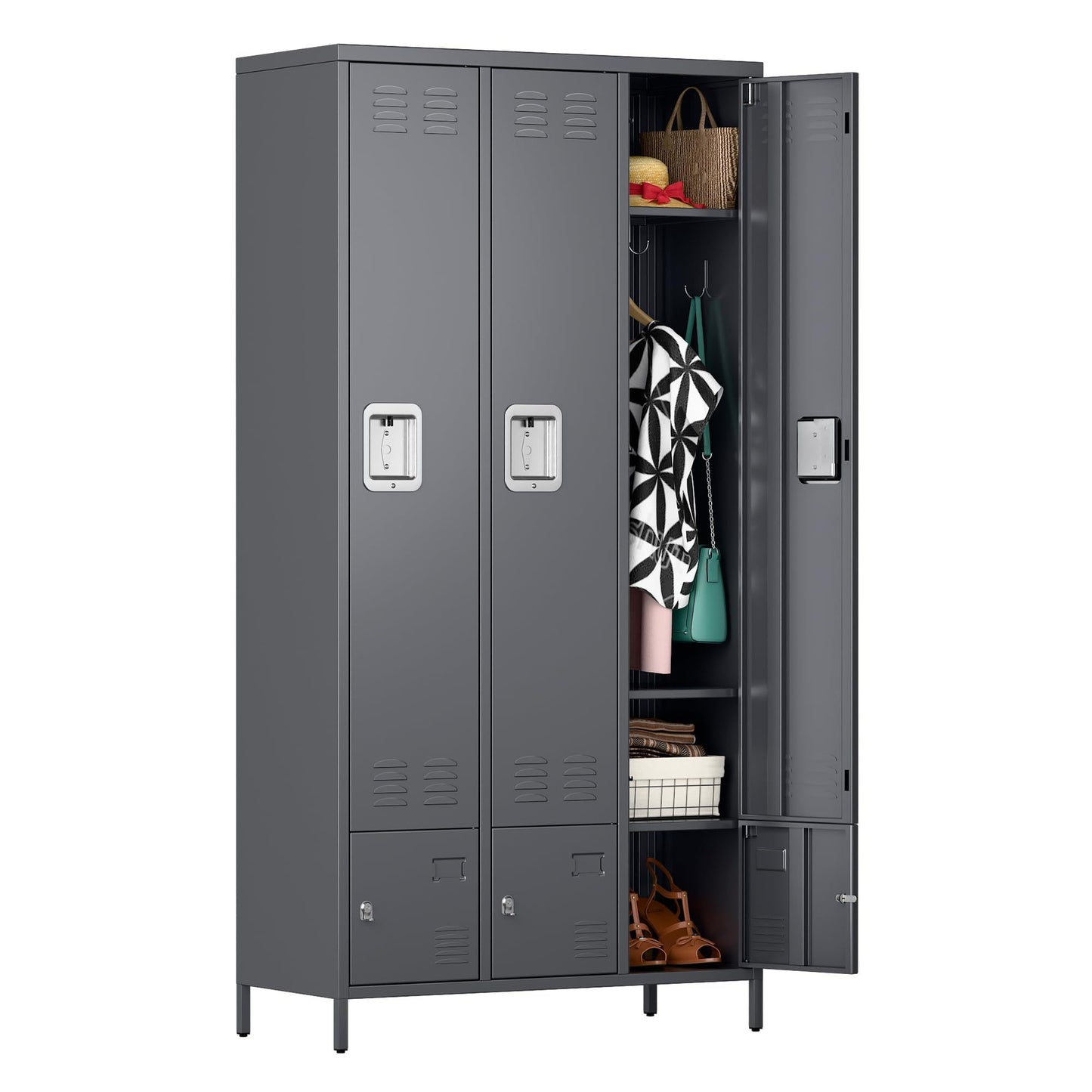 Metal Storage Locker With 3 Big Doors & 3 Small Doors, Lockers For Employees With Hooks For School Garage Office Gym Bedroom,Assembly Required,Dark Grey