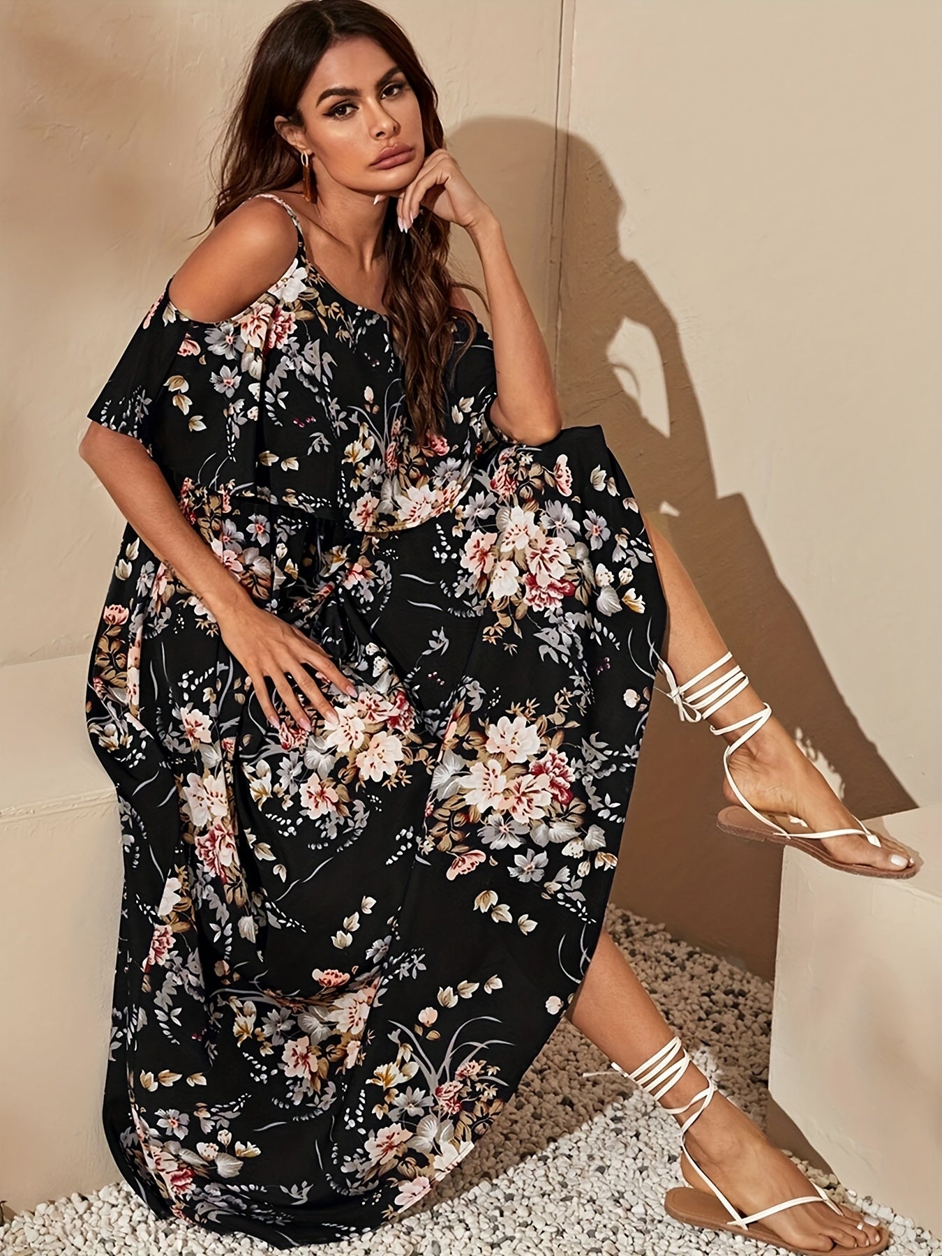 Women's Elegant Strappy Floral Print Off-the-Shoulder Maxi Dress - Stylish Summer Party DressWomen's Elegant Strappy Floral Print Off-the-Shoulder Maxi Dress - Stylish Summer Party Dress