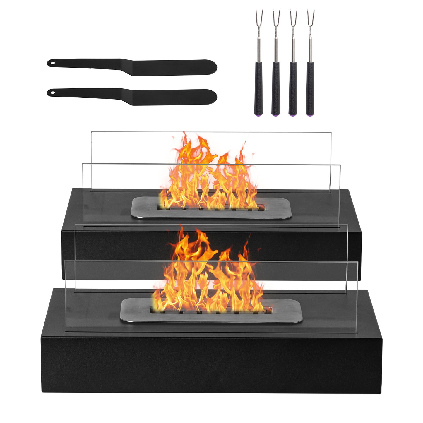 2Pack Smokeless Fire Pits With Windshield   Rectangular Outdoor Firepit With Telescoping Roasting Forks & Fire Tamer Iron Body  Stainless Steel Burn Chamber  Black