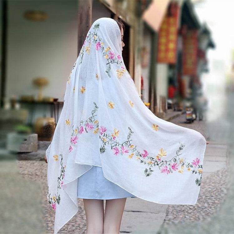 Embroidered Cotton And Linen Scarf Travel Sunscreen Ethnic Style Silk Scarf