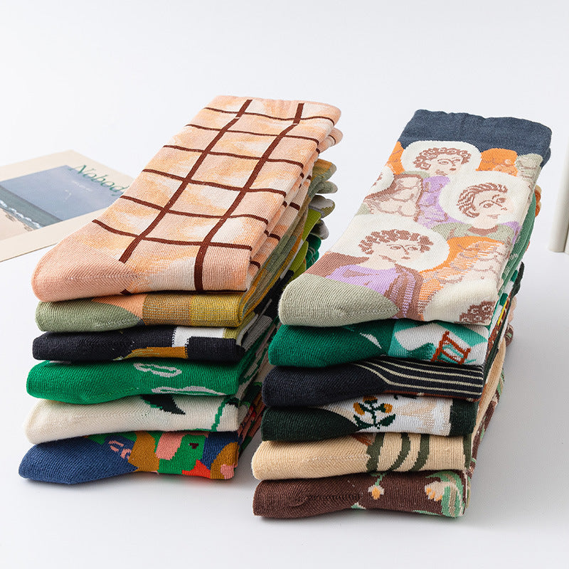 Retro Trendy Autumn And Winter Abstract Art Socks Europe And America Creative Combed Cotton