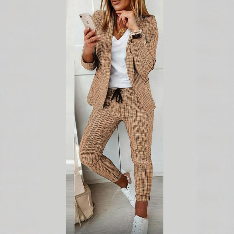Women's Solid Color Plaid Long Sleeve Suit Two-piece Set With Pockets & Drawstring Waist Office Wear For Spring&Fall