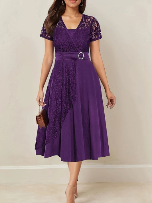 Asymmetrical Hem Short Sleeve V-neck Cross Elegant Solid Color Rhinestone Dress