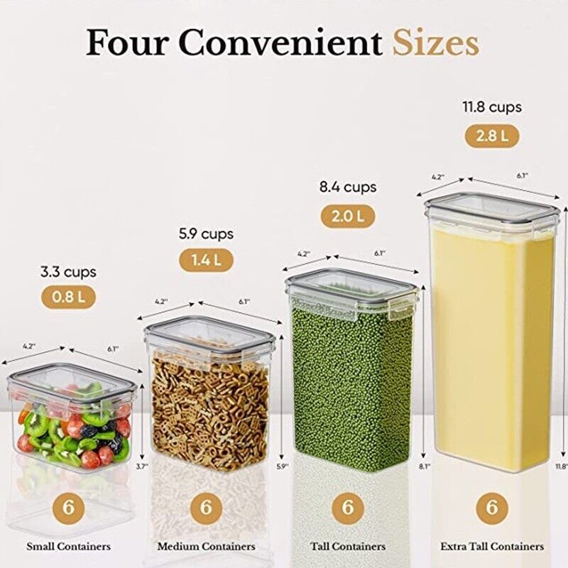 24 Piece Airtight Food Storage Container Sets Pantry & Kitchen Snap On Lids