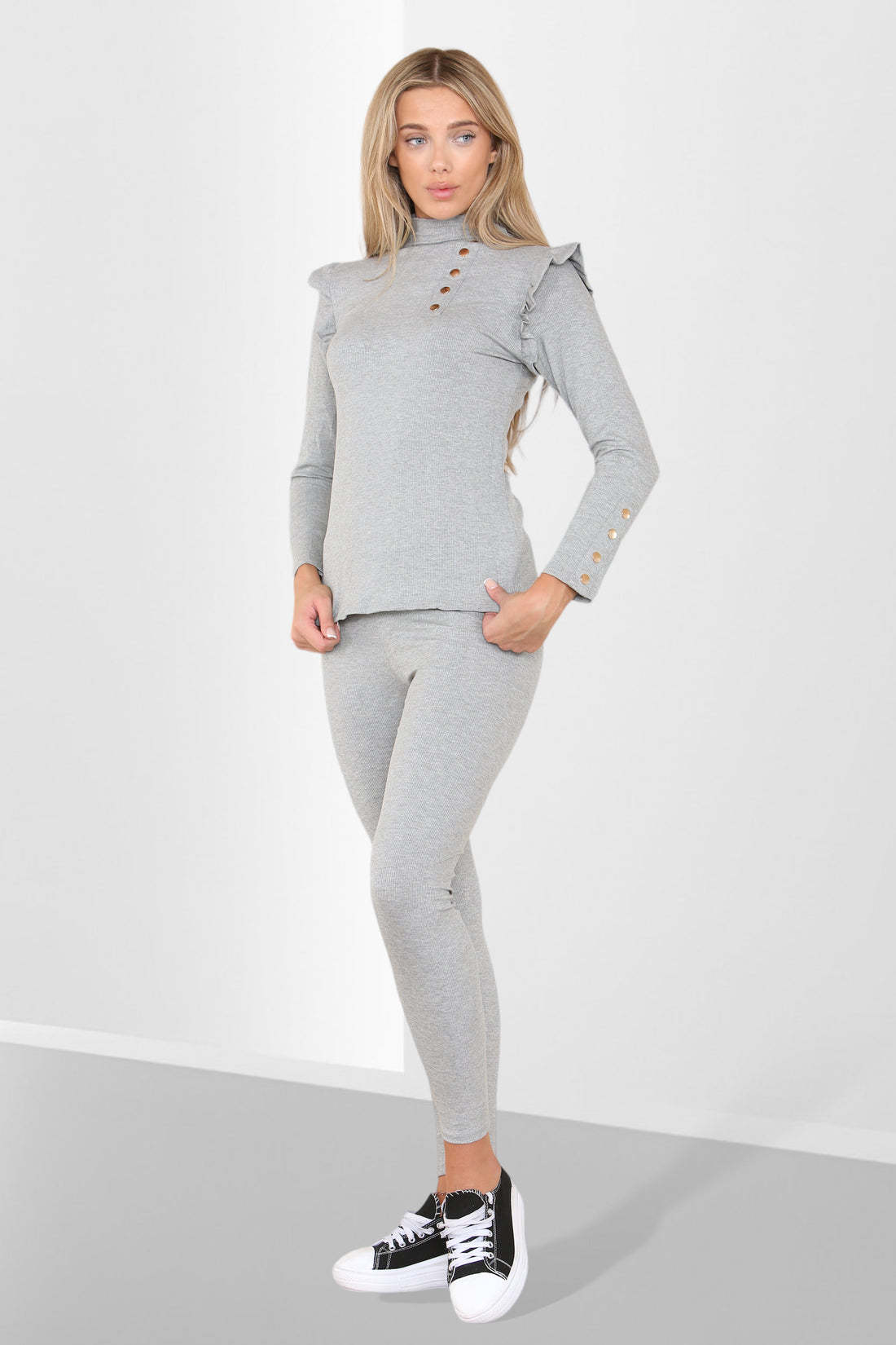 Side Buttons Frill Shoulder Side Neck Gold Button Detail Two Piece Loungewear Set