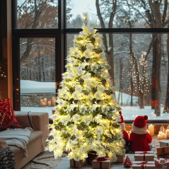 6FT Pre-Lit Spruce Snow Flocked Christmas Tree With Pine Cones, Artificial Xmas Tree With 403 Branch Tips,Mixed PE  PVC Branches, 250 Multi-Color LED Lights, 11 Flashing Modes, Holiday Decor
