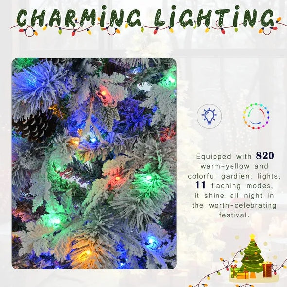 6FT Pre-Lit Spruce Snow Flocked Christmas Tree With Pine Cones, Artificial Xmas Tree With 403 Branch Tips,Mixed PE  PVC Branches, 250 Multi-Color LED Lights, 11 Flashing Modes, Holiday Decor