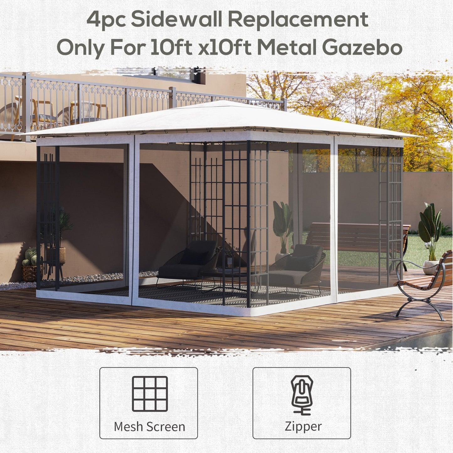 Outsunny 10' X 12' Replacement Mesh Sidewall Netting For Patio Gazebos And Canopy Tents With Zippers