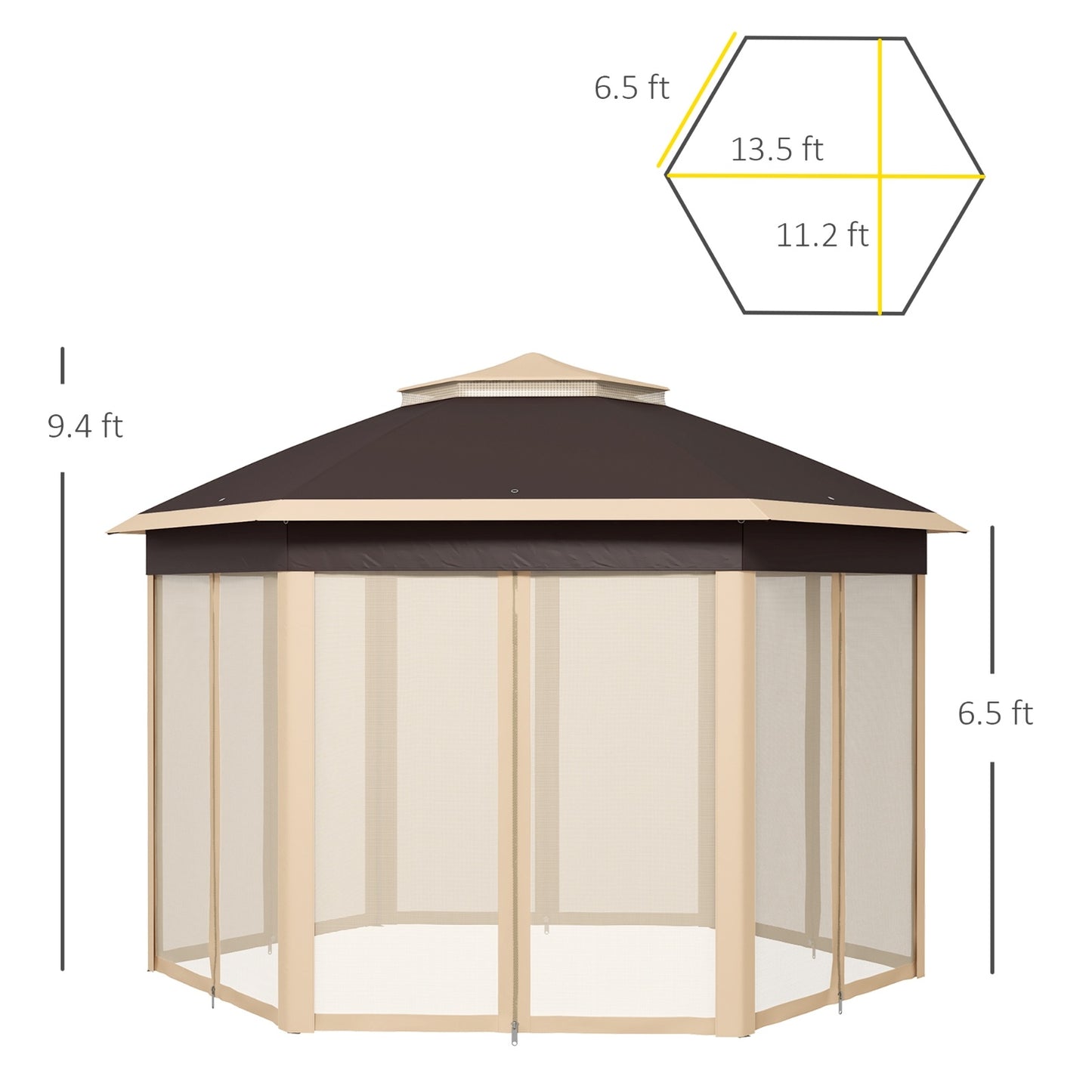 Outsunny 13' X 13' Pop Up Gazebo, Hexagonal Canopy Shelter With 6 Zippered Mesh Netting, Event Tent