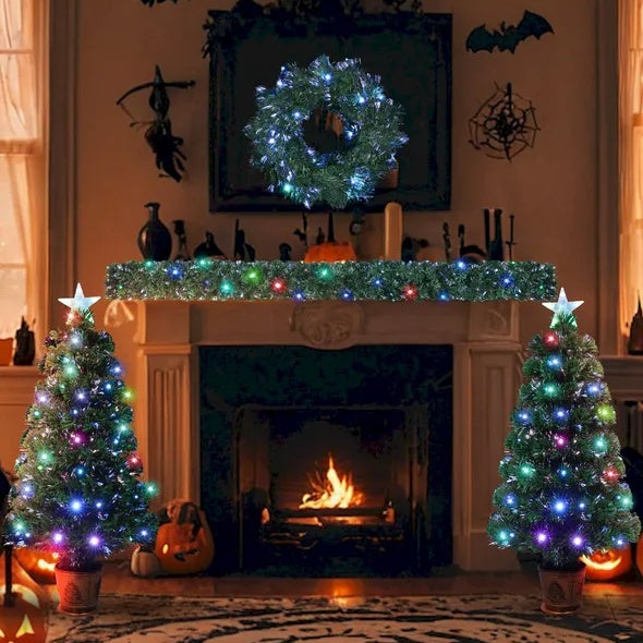 Pre-lit Optical Fiber Christmas Artificial Tree 4-Piece Set, Christmas Garland, Wreath And Set Of 2 Entrance Trees With Colorful Lights, PVC Festival Celebration Set