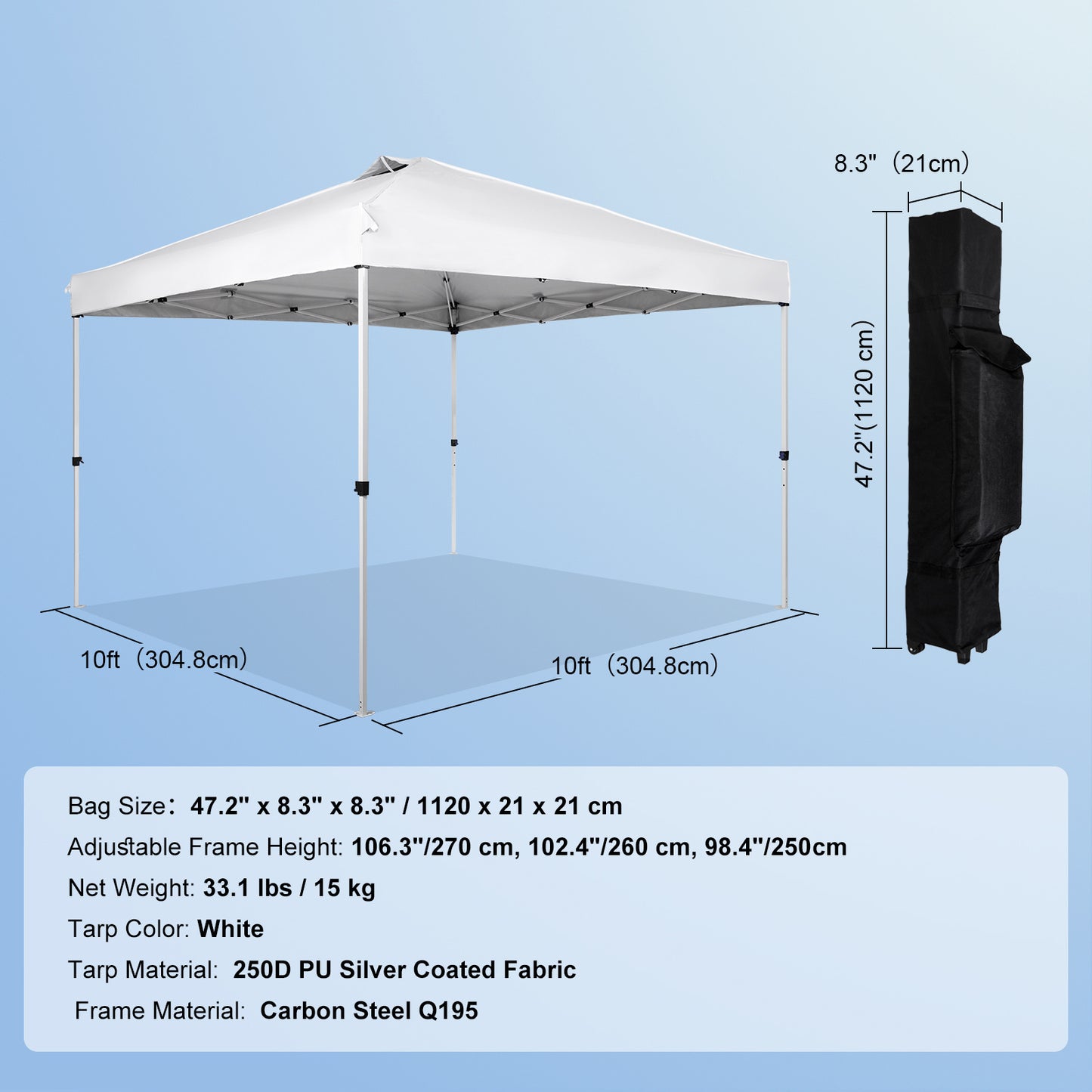 VEVOR Pop Up Canopy Tent, 10 X 10 Ft, 250 D PU Silver Coated Tarp, With Portable Roller Bag And 4 Sandbags, Waterproof And Sun Shelter Gazebo For Outdoor Party, Camping, Commercial Events, White