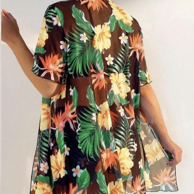 Women's Beach Pants Set With Floral Print Loose Shirt Top And Pants Two-piece Set