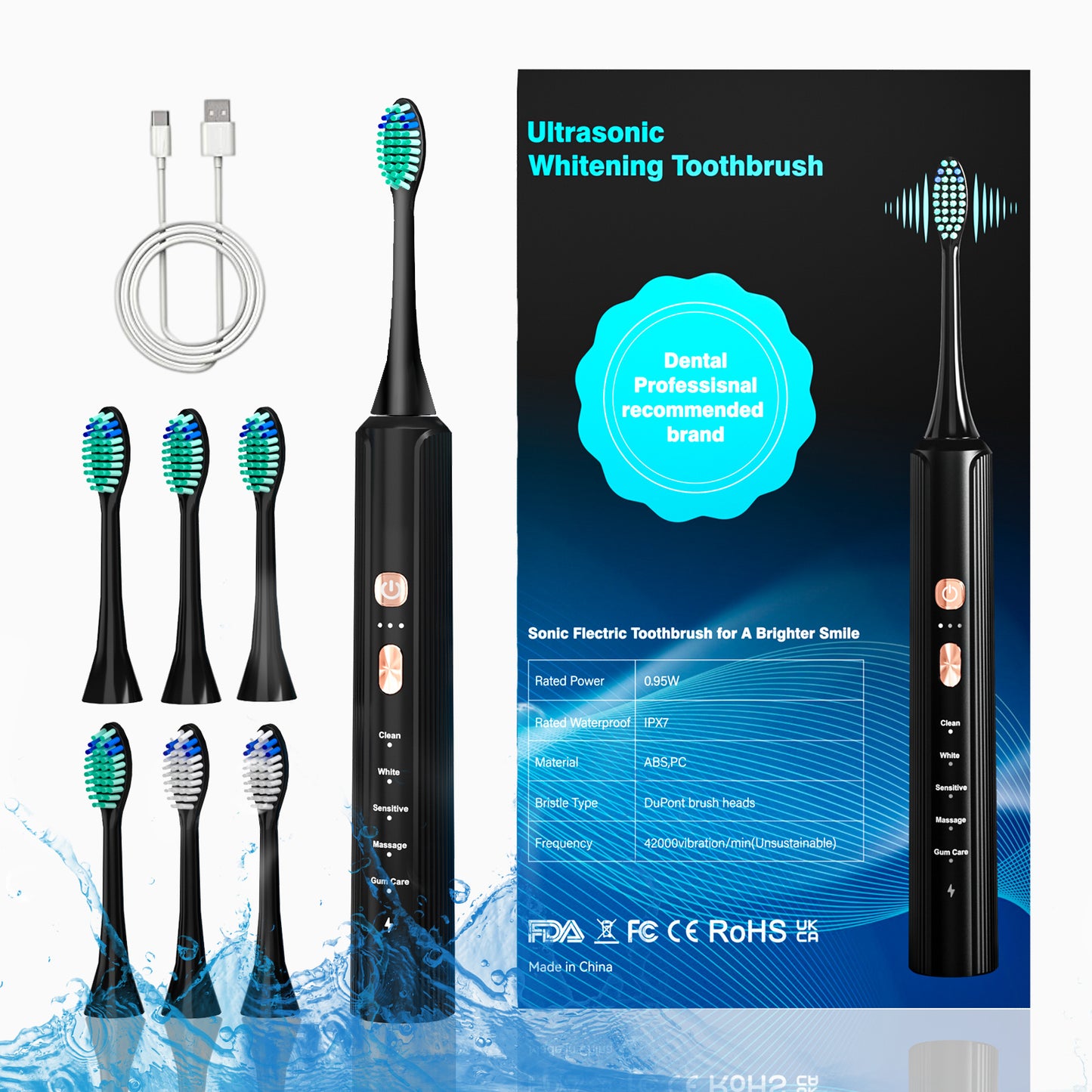 Aquasonic Black Series Ultra Whitening Toothbrush   ADA Approved Electric Toothbrush    8 Brush Heads    Travel Case   40.000 VPM Electric Motor    Wireless Charging  4 Modes With Smart Timer