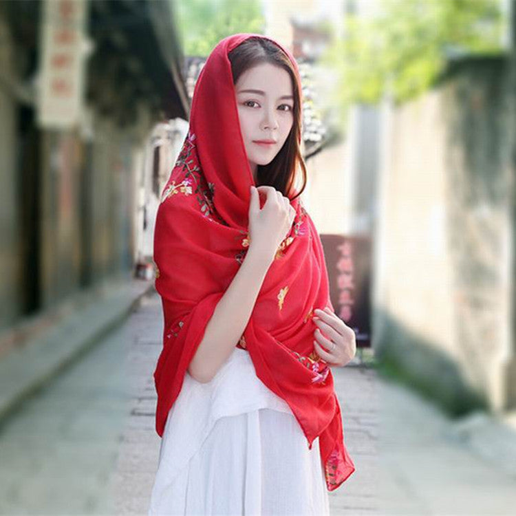 Embroidered Cotton And Linen Scarf Travel Sunscreen Ethnic Style Silk Scarf