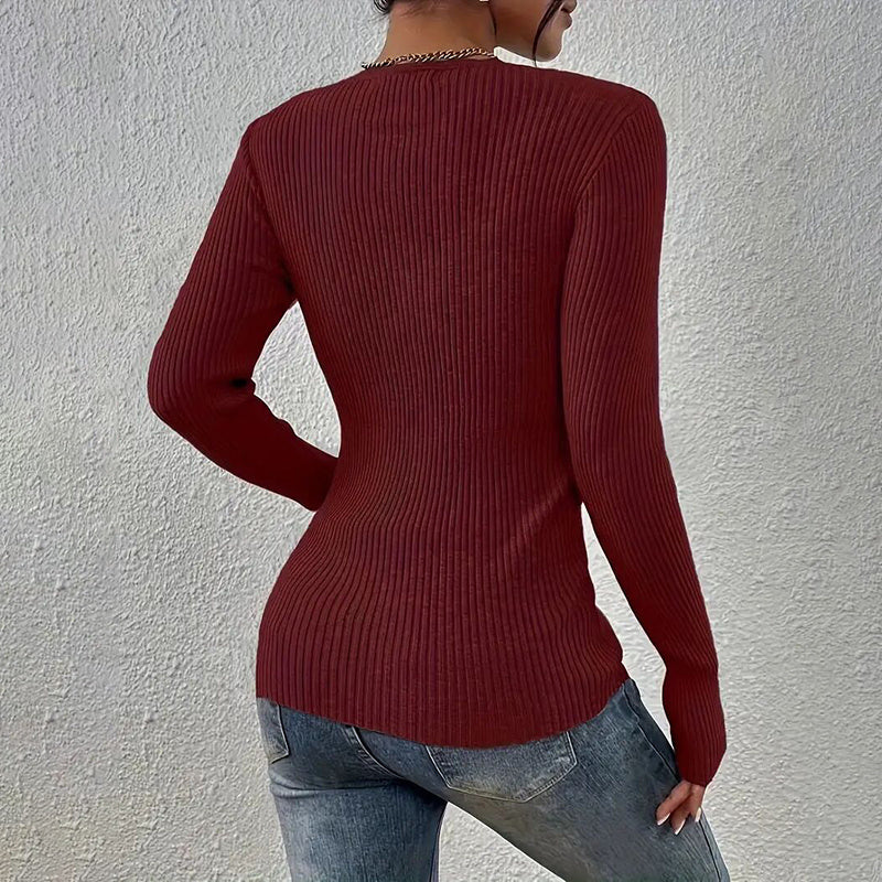 Women's Elegant V-Neck Button Detail Knit Sweater - Long Sleeve Solid Color Casual Pullover For Fall&SpringTop
