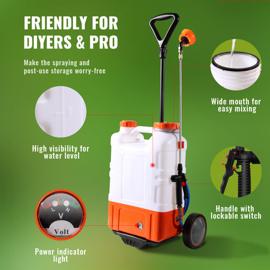 VEVOR Battery Powered Backpack Sprayer With Cart, 0-94 PSI Adjustable Pressure, 4 Gallon Tank On Wheels, With 8 Nozzles And 2 Wands, 12V 7.2Ah Battery, Wide Mouth Lid For Weeding, Spraying, Cleaning