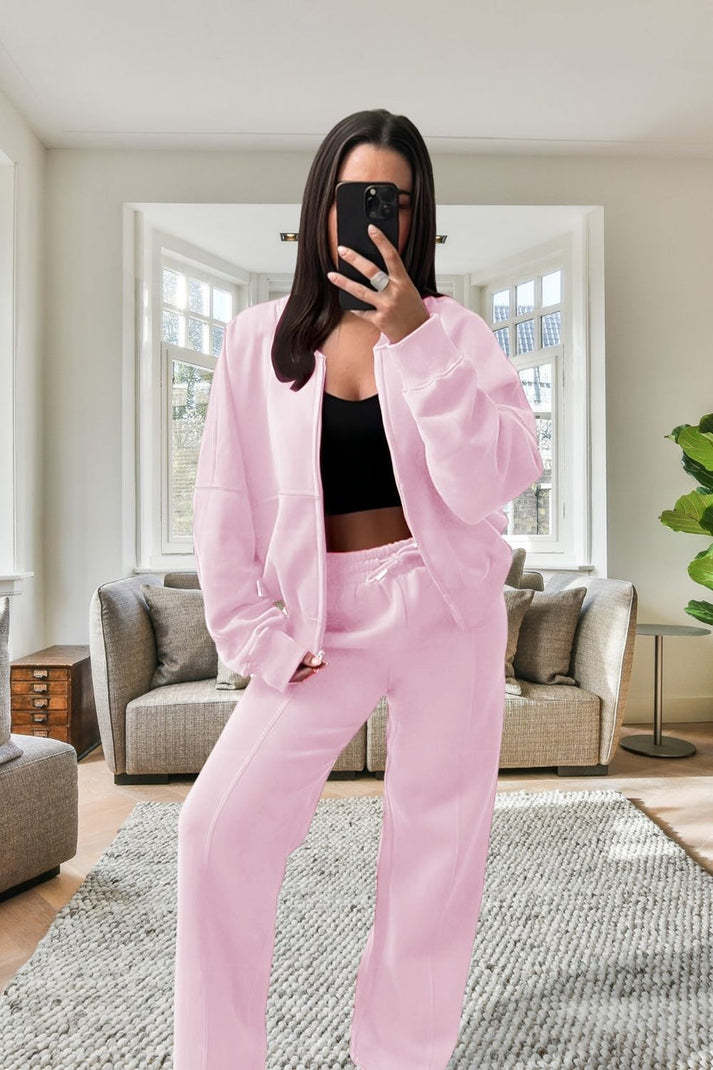 Bomber New Style Oversized Fleece Zipper And Wide Leg Tracksuit