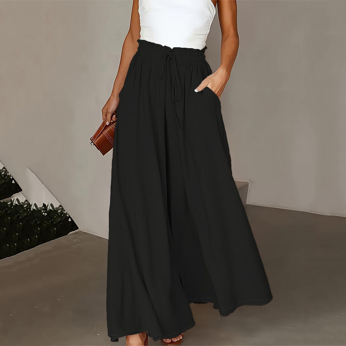 New Casual Elastic High Waist Solid Color Wide Leg Pants