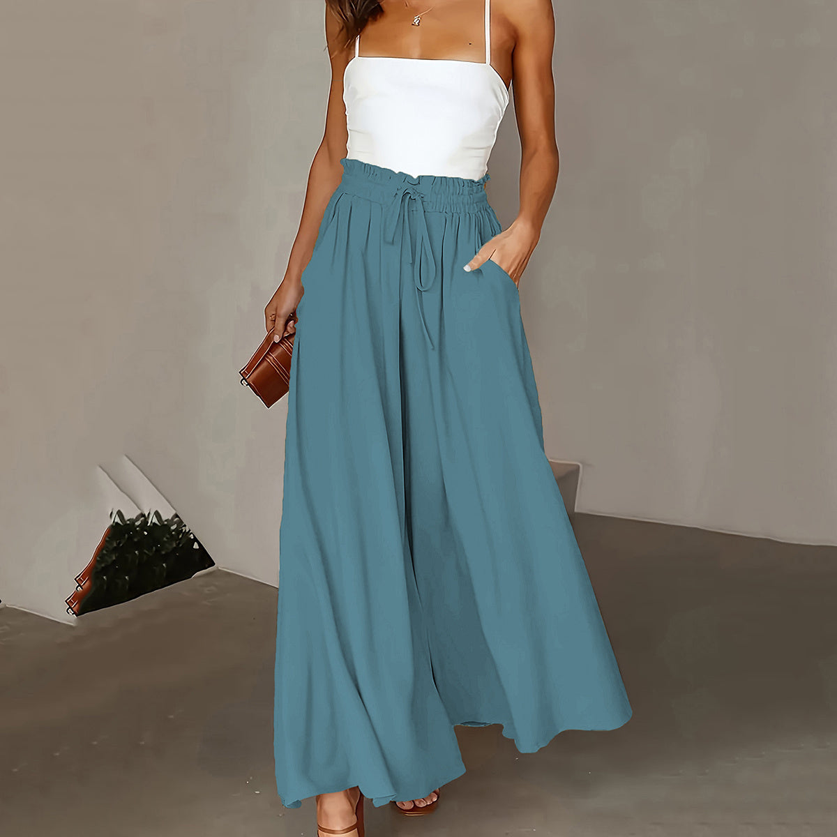 New Casual Elastic High Waist Solid Color Wide Leg Pants