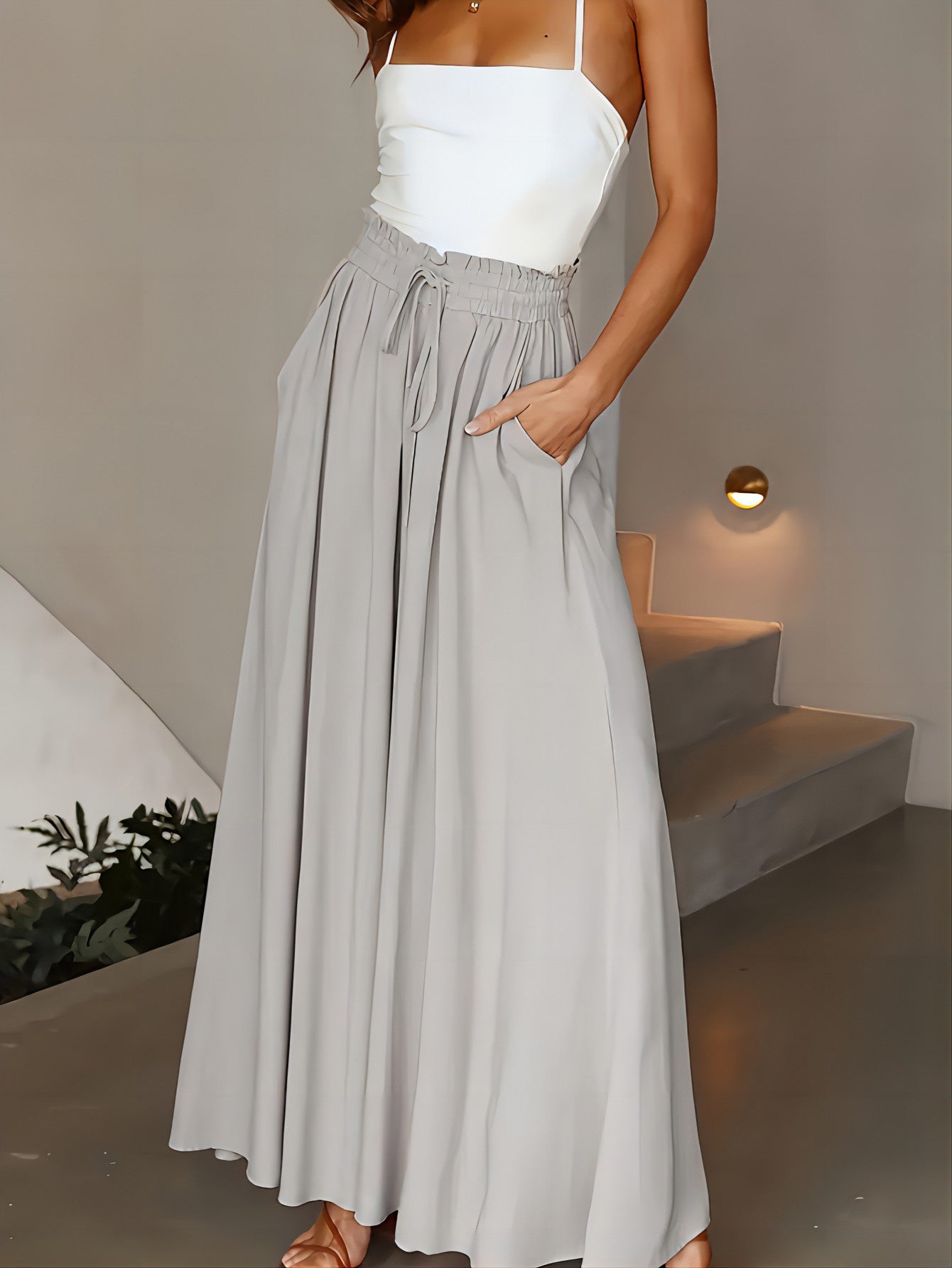 New Casual Elastic High Waist Solid Color Wide Leg Pants