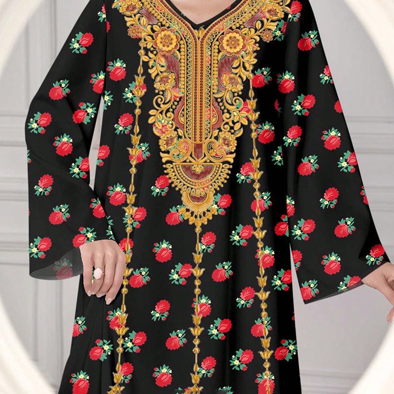 Women's Plus Size Ethnic Maxi Dress - Bohemian Embroidered Floral Print V-Neck Retro Long Dress