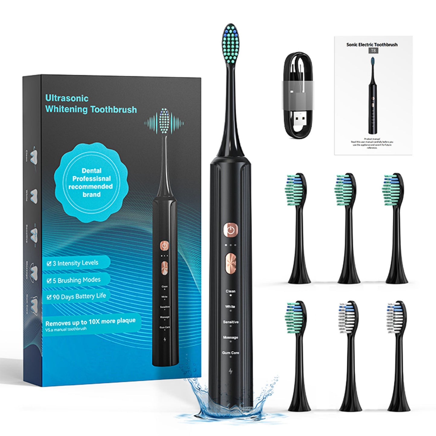 Aquasonic Black Series Ultra Whitening Toothbrush   ADA Approved Electric Toothbrush    8 Brush Heads    Travel Case   40.000 VPM Electric Motor    Wireless Charging  4 Modes With Smart Timer