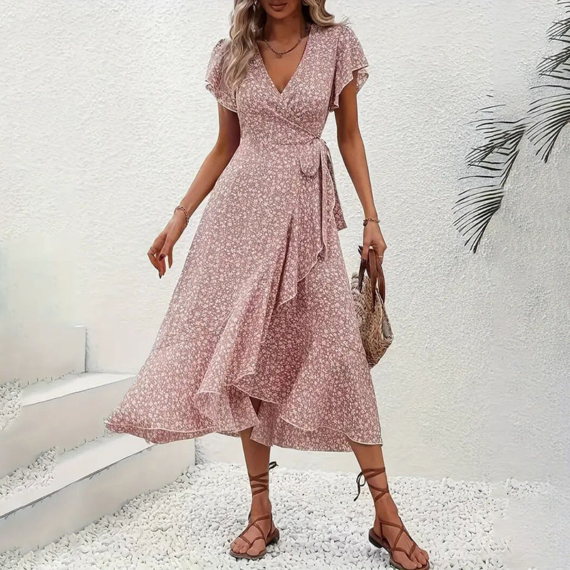Women's Summer Floral Boho Dress Wrap V Neck Short Sleeve Ruffle A-Line Flowy Maxi Dresses