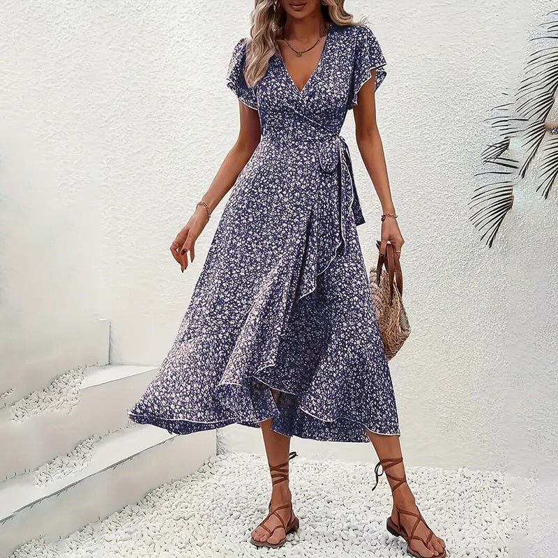 Women's Summer Floral Boho Dress Wrap V Neck Short Sleeve Ruffle A-Line Flowy Maxi Dresses