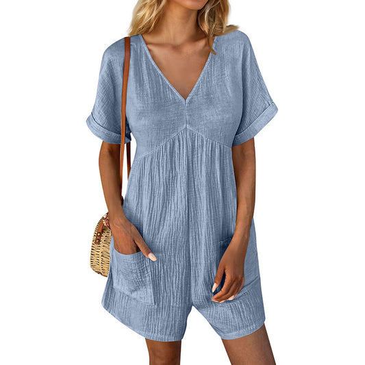 Womens Summer Romper Casual Short Sleeve V Neck Short Jumpsuits With Pockets