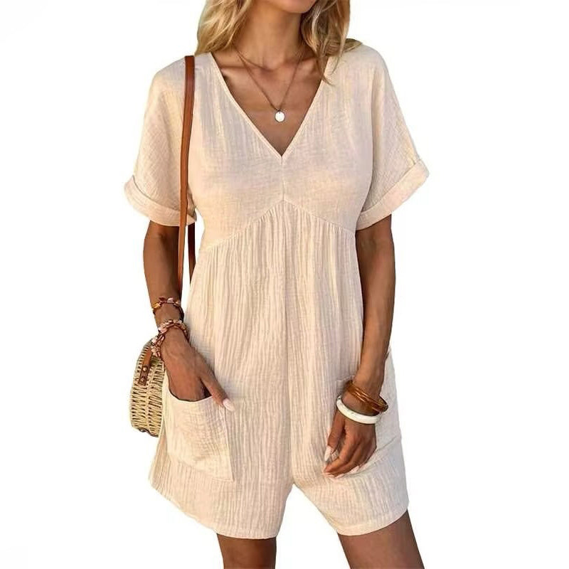 Womens Summer Romper Casual Short Sleeve V Neck Short Jumpsuits With Pockets