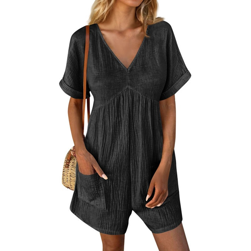 Womens Summer Romper Casual Short Sleeve V Neck Short Jumpsuits With Pockets