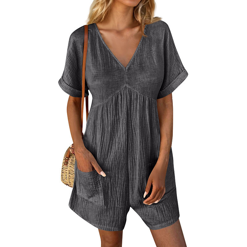 Womens Summer Romper Casual Short Sleeve V Neck Short Jumpsuits With Pockets