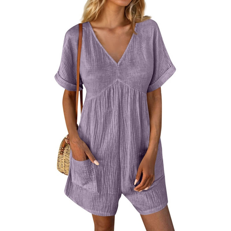 Womens Summer Romper Casual Short Sleeve V Neck Short Jumpsuits With Pockets