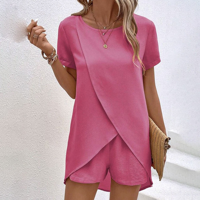 Women's 2-Piece Summer Lounge Set, Casual Short Sleeve Top And Shorts Matching Outfit